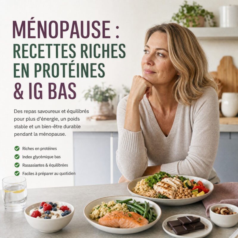 recettes ménopause, recettes pour la ménopause, alimentation ménopause, régime ménopause, recettes riches en protéines, recettes protéinées, recettes IG bas, recettes indice glycémique bas, ménopause perte de poids, recettes minceur ménopause, alimentation IG bas, régime IG bas ménopause, repas riches en protéines, repas IG bas, recettes saines ménopause, recettes faciles ménopause, recettes pour femmes 50 ans, alimentation femme 50 ans, protéines ménopause, livre recettes ménopause